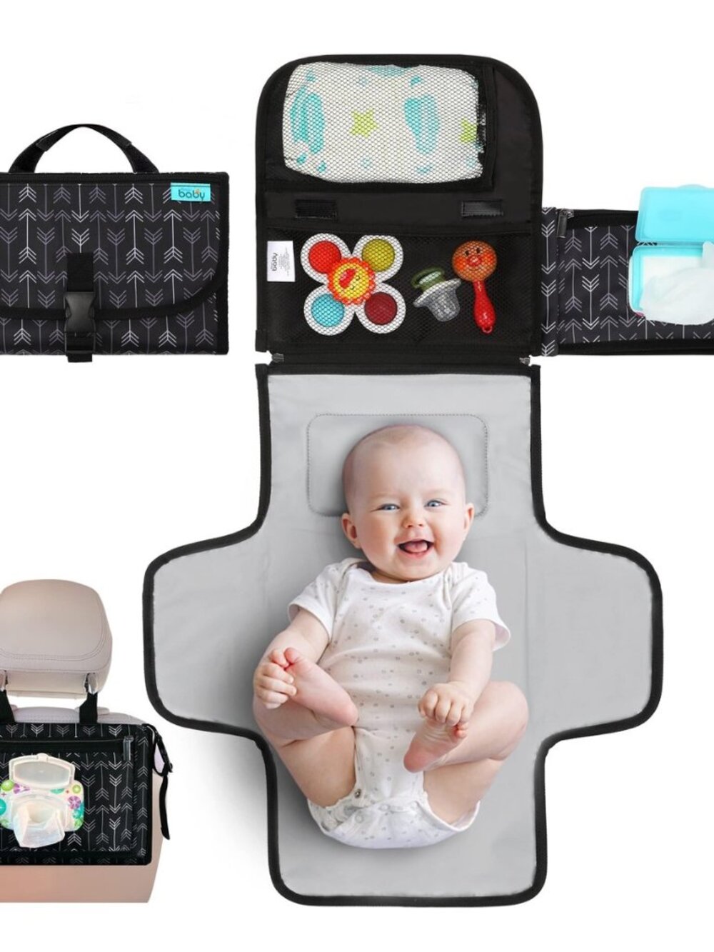 Portable Diaper Changing Pad, Wipes Pocket, Classic Black Arrows